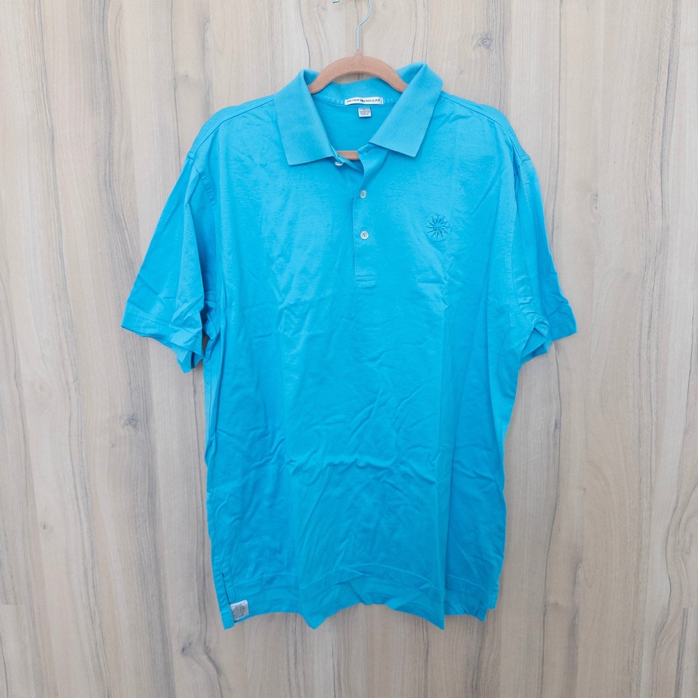 Peter Millar Mens Polo Shirt Large Blue Short Sleeve Sun Logo Golf Preppy Casual